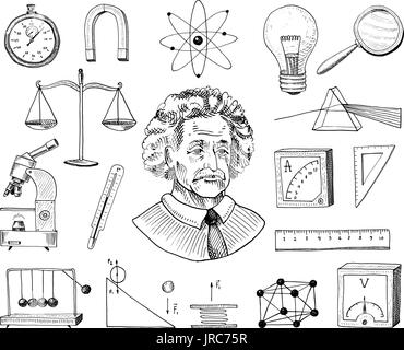 Atome et voltmètre de mouvement perpétuel, et circuit graphique. gravés à la main dans de vieux croquis et symboles vintage. calculs Retour à l'École de physique des éléments de la science et des expériences de laboratoire. Illustration de Vecteur