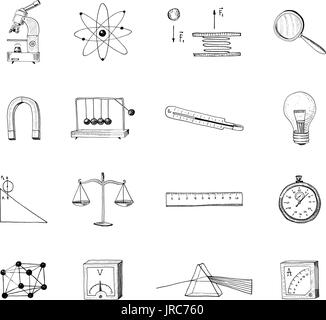 Lightbulb et prisme, réseau cristallin et l'échelle avec loupe. gravés à la main dans de vieux croquis et vintage des symboles. Retour à l'école, éléments de la science ou la physique et d'expériences en laboratoire. Illustration de Vecteur