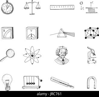 Atome et voltmètre de mouvement perpétuel, et circuit graphique. gravés à la main dans de vieux croquis et symboles vintage. calculs Retour à l'École de physique des éléments de la science et des expériences de laboratoire. Illustration de Vecteur