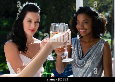 Mariée et demoiselles d'toasting champagne at park Banque D'Images