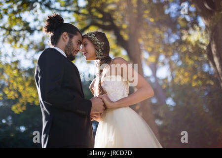 Affectionate couple dancing in park au cours de mariage Banque D'Images