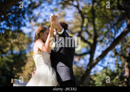 Affectionate couple dancing in park au cours de mariage Banque D'Images