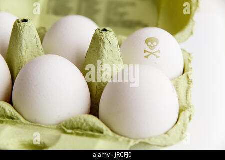 Oeufs dans un paquet avec un oeuf peint avec un risque toxique et les os du crâne symbole. Concept Image de contamination des aliments, des œufs contaminés scandale. Banque D'Images