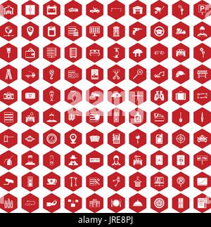 100 icônes de touches rouge hexagonale Illustration de Vecteur