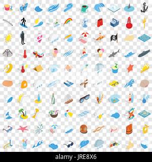 100 beach icons set, style 3D isométrique Illustration de Vecteur