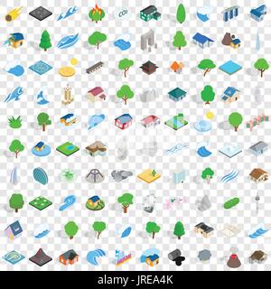 100 éléments icons set, style 3D isométrique Illustration de Vecteur