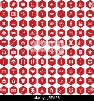 100 icônes loisirs rouge hexagonale Illustration de Vecteur