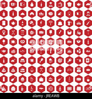 100 icônes restaurant rouge hexagonale Illustration de Vecteur