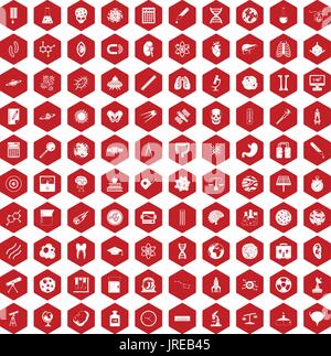 100 icônes science rouge hexagonale Illustration de Vecteur