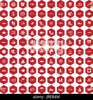 100 icônes mer rouge hexagonale Illustration de Vecteur