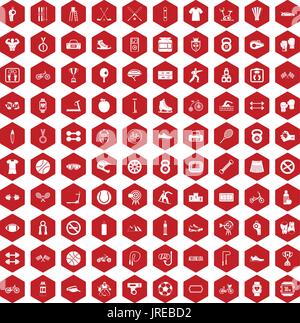 100 icônes de sport rouge hexagonale Illustration de Vecteur