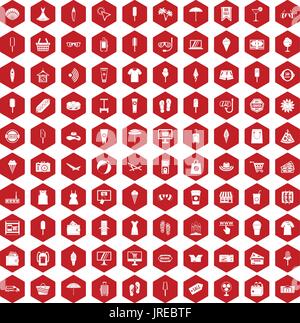 100 icônes d'été shopping rouge hexagonale Illustration de Vecteur