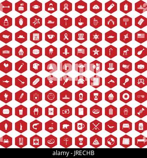 100 icônes USA rouge hexagonale Illustration de Vecteur