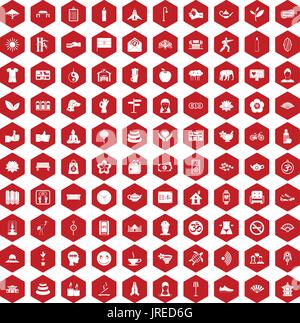 Studio de yoga 100 icônes rouge hexagonale Illustration de Vecteur