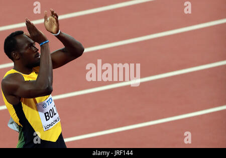 Londres, Grande-Bretagne. 4e août, 2017. Usain Bolt de la Jamaïque réagit après le 100 m chauffe de l'IAAF 2017 Championnats du monde à Londres Stadium à Londres, Grande-Bretagne, sur le 4 août 2017. Credit : Luo Huanhuan/Xinhua/Alamy Live News Banque D'Images