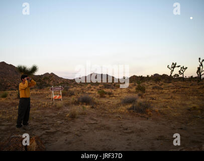 Le parc national Joshua Tree Search and Rescue Volunteer, Alice Waltermire, de rechercher les collines avec des jumelles pour deux randonneurs manquants en fin de soirée du vendredi 4 août 2017, dans le parc national Joshua Tree à Joshua Tree, Californie California State University Fullerton étudiants, Rachel Nguyen et Joseph Orbeso ont disparu depuis deux semaines dans le parc. 4e août, 2017. Crédit : Steven K. Doi/ZUMA/Alamy Fil Live News Banque D'Images