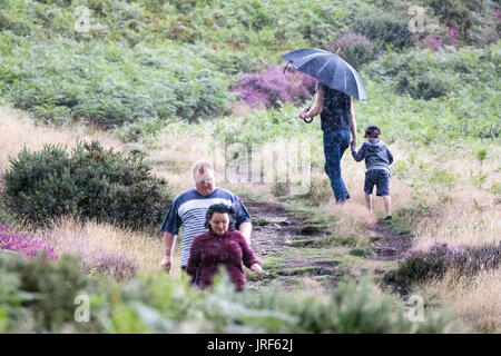 Flintshire, au nord du Pays de Galles, 5 août 2017 UK Weather. Le tonnerre et la foudre à travers certaines régions du Royaume-Uni avec des personnes d'être piégés par les averses soudaines comme ces marcheurs n'ont pas tardé à découvrir lors d'une promenade jusqu'Moel Arthur, Flintshire © DGDImages/Alamy Live News Banque D'Images