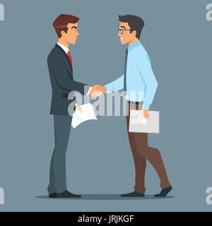 Vector cartoon style caractères. Deux businessman poignée de main. Bonne affaire. Concept de partenariat d'affaires. Illustration de Vecteur
