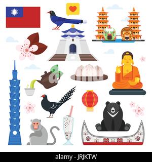 Télévision vecteur composition style symboles culturels de Taiwan. Modèle pour l'affiche ou bannière pour les touristes. Isolé sur fond blanc Illustration de Vecteur