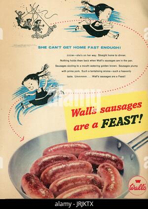 Saucisses, du mur annonce Janvier 1959 Banque D'Images