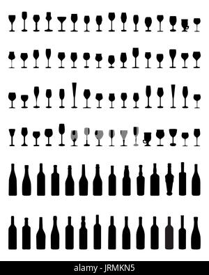 Silhouettes noires de bouteilles et verres sur un fond blanc Banque D'Images