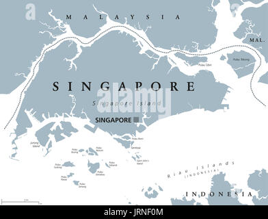 Carte politique de Singapour avec l'anglais à l'étiquetage. République et Etat souverain en Asie du sud-est. Lion parfois ville, ville-jardin ou petit point rouge. Banque D'Images