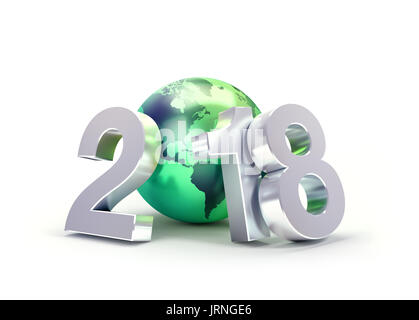 2018 Nouvelle année type composé d'un green planet earth, isolé sur blanc - 3D illustration Banque D'Images