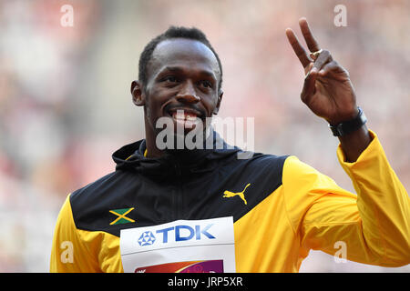 Londres, Royaume-Uni. 6e août, 2017. Usain Bolt de la Jamaïque (3e) à la cérémonie de la victoire après la finale du 100 m à l'es Championnats du monde d'athlétisme au Stade olympique à Londres, Royaume-Uni, le 6 août 2017. Photo : Rainer Jensen/dpa/Alamy Live News Banque D'Images