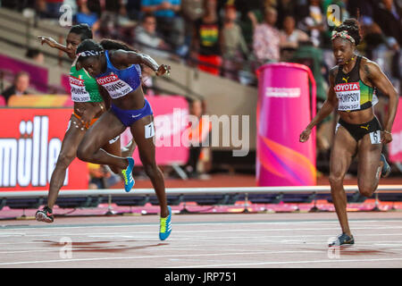 Londres, Royaume-Uni. Le 06 août, 2017. Tori Bowie, USA, remporte la finale du 100 m femmes sur la troisième journée du Championnat du monde 2017 de l'IAAF de Londres au London Stadium. Crédit : Paul Davey/Alamy Live News Banque D'Images