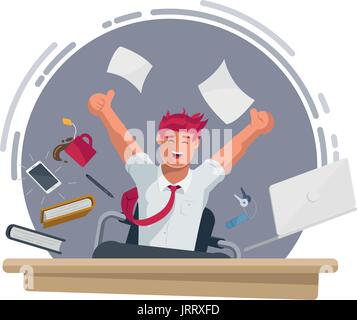 Succès happy businessman travaillant dans le bureau. Il est en train de sauter et de tous vos équipements de bureaux sont aussi. Illustration vecteur de concept. Les éléments sont laye Illustration de Vecteur