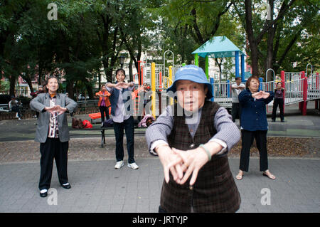 Les chinois pratiquer le tai chi à Seward Park dans le nouveau quartier branché de Lower East Side, quartier de Chinatown à New York, Manhattan, New York, USA Banque D'Images