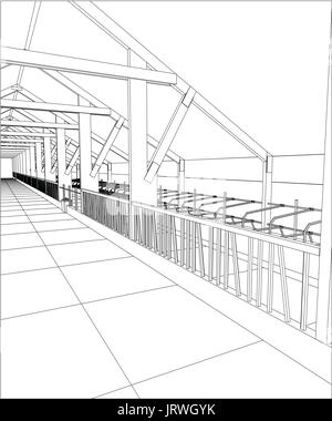 Bâtiment industriel à l'intérieur des constructions abstraites. Illustration 3d de traçage Illustration de Vecteur