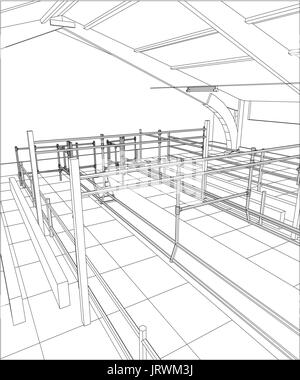 Bâtiment industriel à l'intérieur des constructions abstraites. Illustration 3d de traçage Illustration de Vecteur