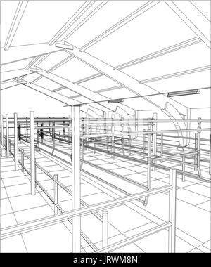 Bâtiment industriel à l'intérieur des constructions abstraites. Illustration 3d de traçage Illustration de Vecteur