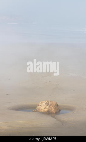 Gros rocher sur la plage entouré d'eau à marée haute en un jour brumeux. En roulant des vagues dans l'arrière-plan. Banque D'Images