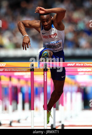 La société britannique David Omoregie dans l'épreuve du 110 m haies une chaleur au cours de la troisième journée du Championnat du Monde de l'IAAF de 2017 à la London Stadium. ASSOCIATION DE PRESSE Photo. Photo date : dimanche 6 août 2017. Voir l'histoire du monde d'ATHLÉTISME PA. Crédit photo doit se lire : John Walton/PA Wire. RESTRICTIONS : un usage éditorial uniquement. Pas de transmission de sons ou d'images en mouvement et pas de simulation vidéo Banque D'Images