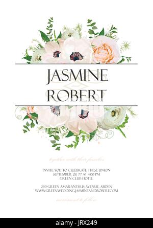 Invitation de mariage, inviter la conception de cartes avec Anémone rose fleur renoncules bouquet de feuilles de plantes d'herbes, de la Couronne à la frontière. Vector floral anniversaire Bota Illustration de Vecteur