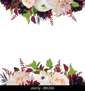 Vector floral design square design carte rose rose bourgogne rouge Anémone dahlia fleurs Astilbe Agonis feuilles jardin vert tendance mariage inviter vecteur Illustration de Vecteur