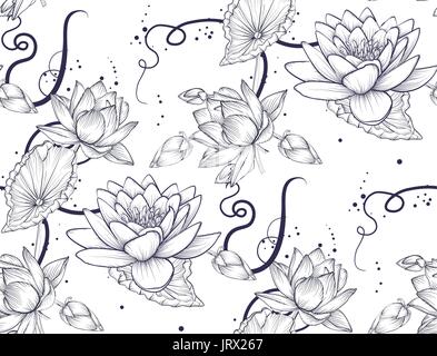 Seamless pattern de Lotus nénuphar fleur magnifique vecteur linéaire bleu arrière-plan. L'art fantastique dessiné à la main fleurs plantes, fleurs, jardin botanique dottes un Illustration de Vecteur