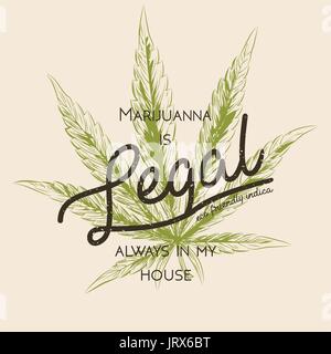 La marijuana, cannabis juridique lutte contre les mauvaises herbes à feuilles vert logo rétro, T- shirt design. L'étiquette Indica. L'usine produit médecine légalisation poster de la place de l'étiquette. Marijuan Illustration de Vecteur