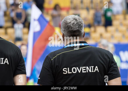 Celje, Slovénie. Le 05 août, 2017. Au cours de l'équipe de Slovénie Women's European Championship match entre la Slovénie et l'Espagne à Zlatorog Arena le 5 août 2017 à Celje, Slovénie. Credit : Rok Rakun/Pacific Press/Alamy Live News Banque D'Images