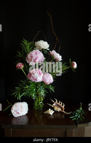 Les Pivoines dans un verre à vin de style hollandais Roemer en lumière naturelle avec Lambdis Thatcheria et scorpius mirabilis coquilles et podopcarpus sur le vieux bois Banque D'Images