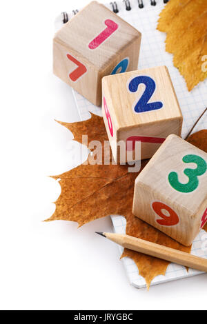 Crayon, cubes avec les chiffres et les feuilles d'automne sur un fond blanc Banque D'Images