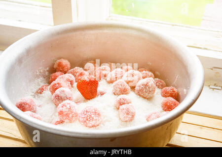 Préparation de la confiture de fraises. La fraise au sucre à rebord de fenêtre Banque D'Images
