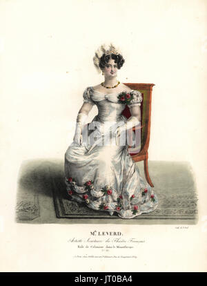 Danseuse et actrice Mlle. Emilie Leverd comme Celimene dans Le Misanthrope de Molière, Théâtre Francais, 1808. Lithographie coloriée par F. Noel après une illustration par Alexandre-Marie Colin de portraits d'acteurs et d'actrices dans des rôles différents, F. Noel, Paris, 1825. Banque D'Images