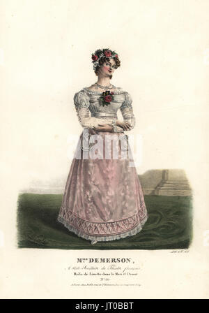 Mlle. Anne Demerson que Liselle dans le mari et l'Amant de Jean-Claude Vial, Theatre Francais, 1821. Lithographie coloriée par F. Noel après une illustration par Alexandre-Marie Colin de portraits d'acteurs et d'actrices dans des rôles différents, F. Noel, Paris, 1825. Banque D'Images