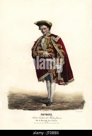 Claude Louis Monrose Sr. comme Mascarille dans l'Etourdi ou l'Avare de Molière, Théâtre Francais, 1823. Lithographie coloriée par F. Noel après une illustration par Alexandre-Marie Colin de portraits d'acteurs et d'actrices dans des rôles différents, F. Noel, Paris, 1825. Banque D'Images