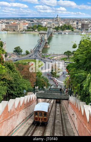 Le Siklo funiculaire à partir du haut de la colline du château à la recherche sur le Danube à Pont des Chaînes et Pest, Buda, Budapest,Hongrie Banque D'Images