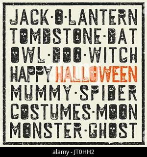 Mots Halloween affiche décorative. Grunge stamp lettres avec éléments effrayant (les chauves-souris, des tombes, les citrouilles). Maison de mots en grunge frame. Illustration de Vecteur