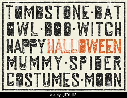 Mots Halloween affiche décorative. Grunge stamp lettres avec éléments effrayant (les chauves-souris, des tombes, les citrouilles). Maison de mots en grunge frame. Illustration de Vecteur